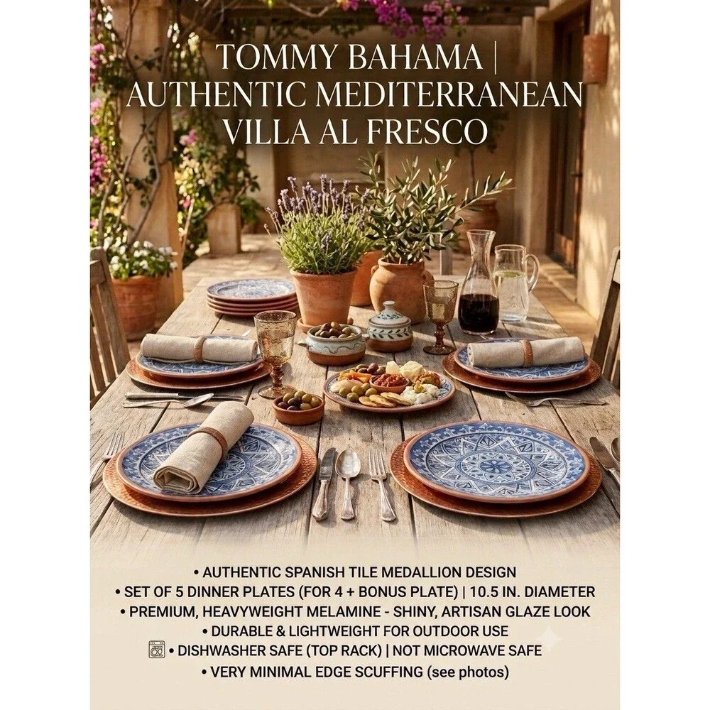 TOMMY BAHAMA Spanish Blue Tile Melamine Terracotta Dinner Plates 10.5